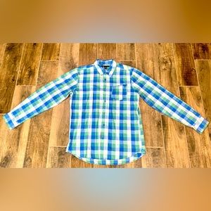 Blue/Green Checkered Volcom Button Up Shirt: Medium
